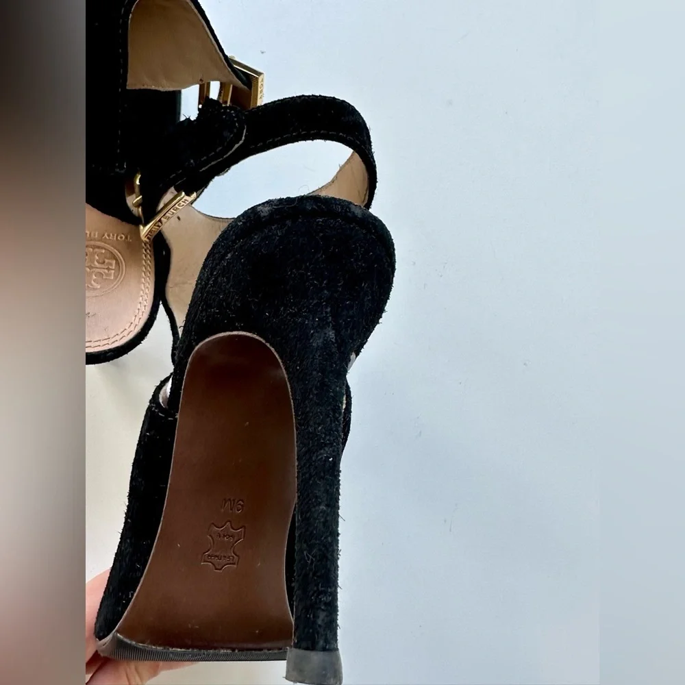Tory Burch 'Brittania' Peep Toe Suede Bootie, black, size 9